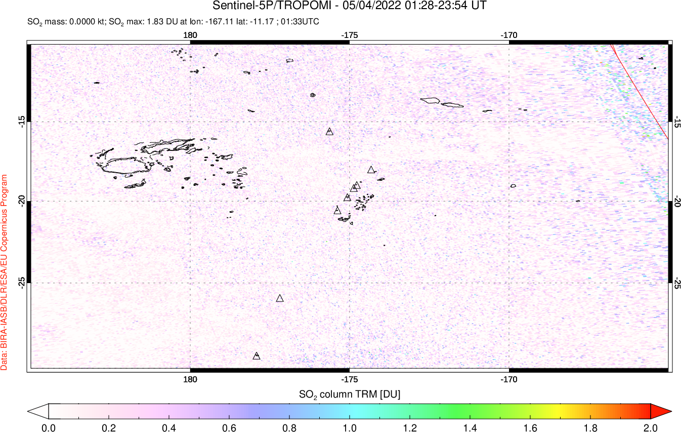 A sulfur dioxide image over Tonga, South Pacific on May 04, 2022.