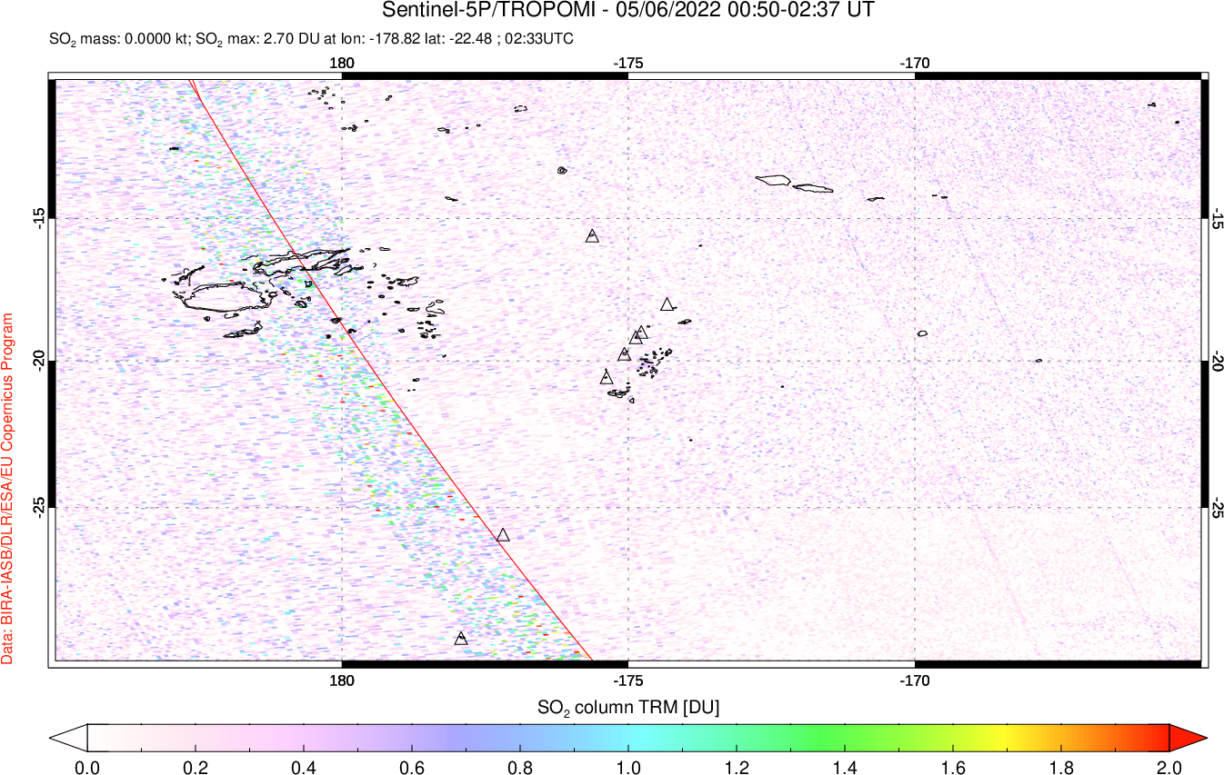 A sulfur dioxide image over Tonga, South Pacific on May 06, 2022.