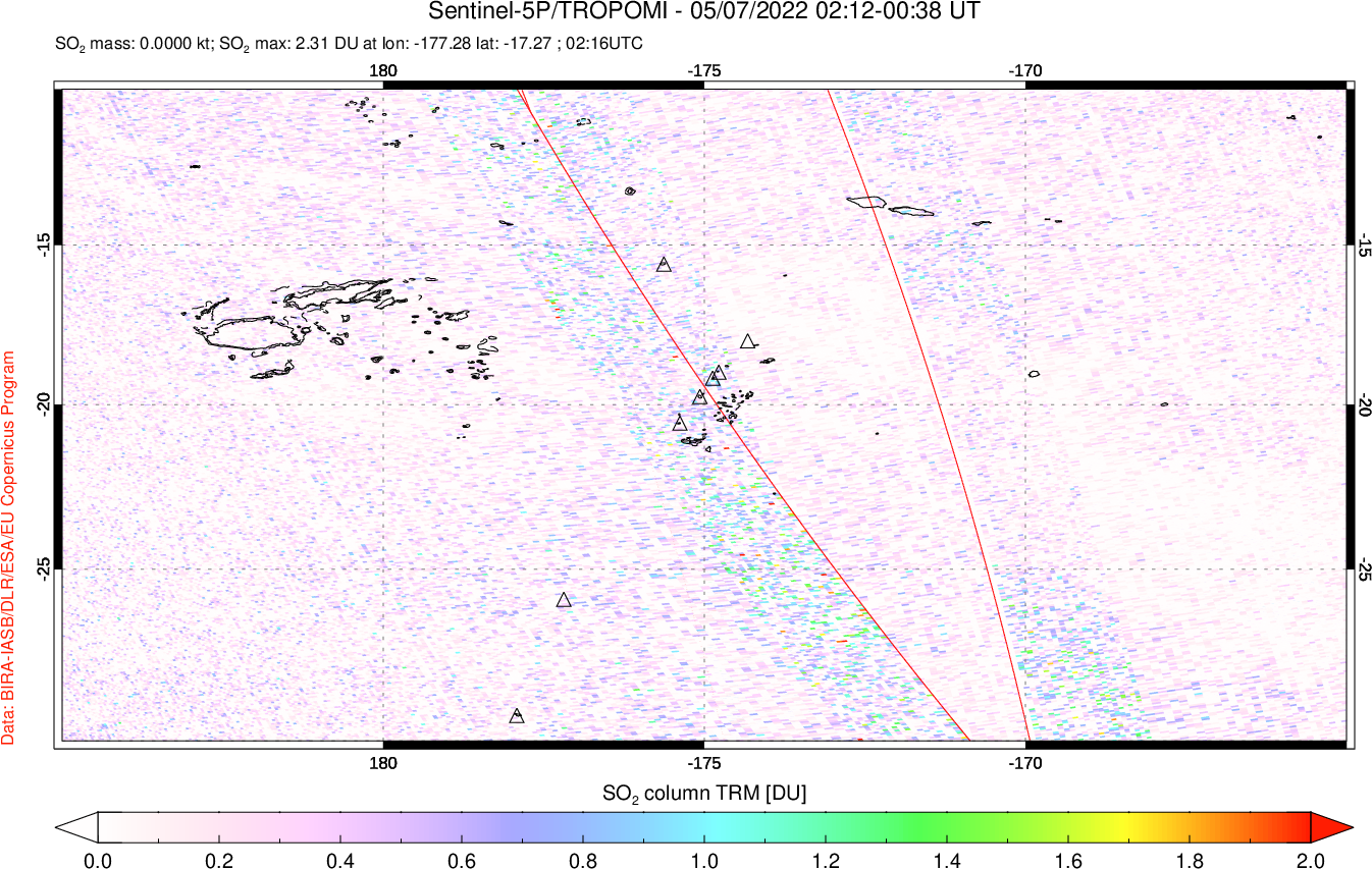 A sulfur dioxide image over Tonga, South Pacific on May 07, 2022.