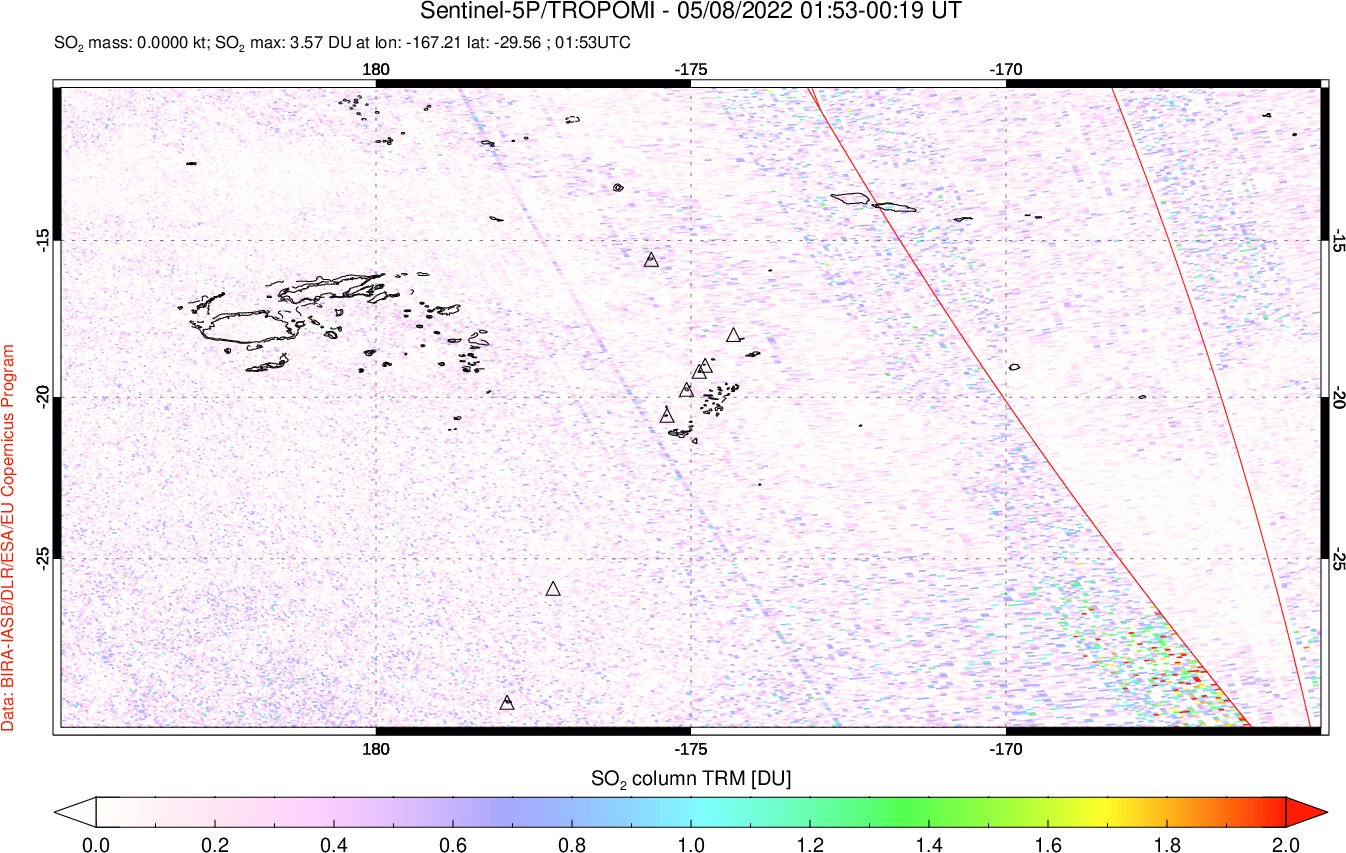 A sulfur dioxide image over Tonga, South Pacific on May 08, 2022.