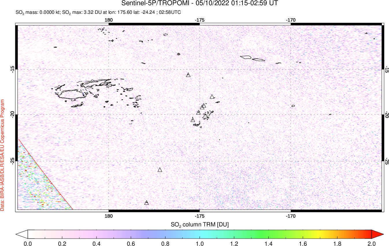 A sulfur dioxide image over Tonga, South Pacific on May 10, 2022.