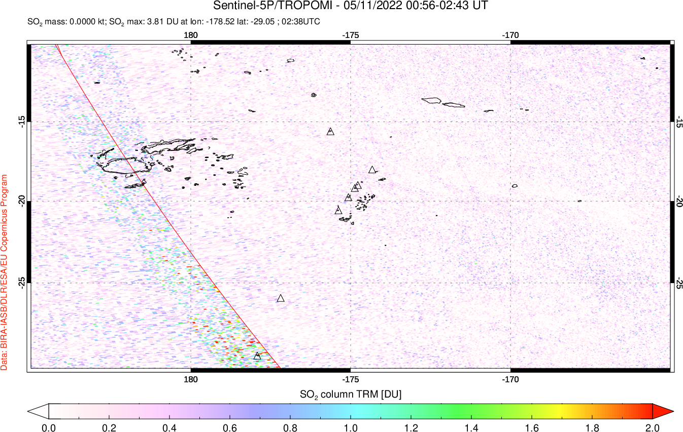 A sulfur dioxide image over Tonga, South Pacific on May 11, 2022.