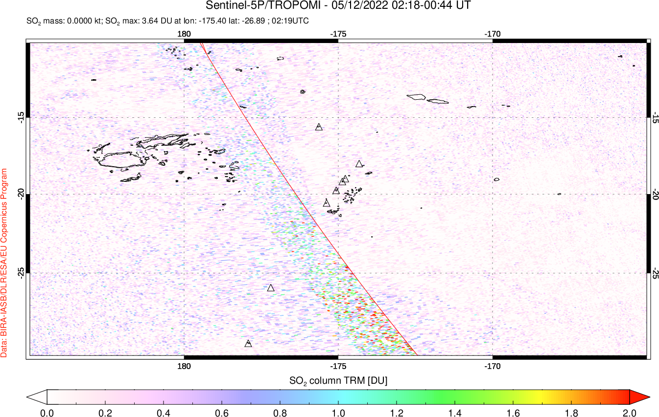 A sulfur dioxide image over Tonga, South Pacific on May 12, 2022.