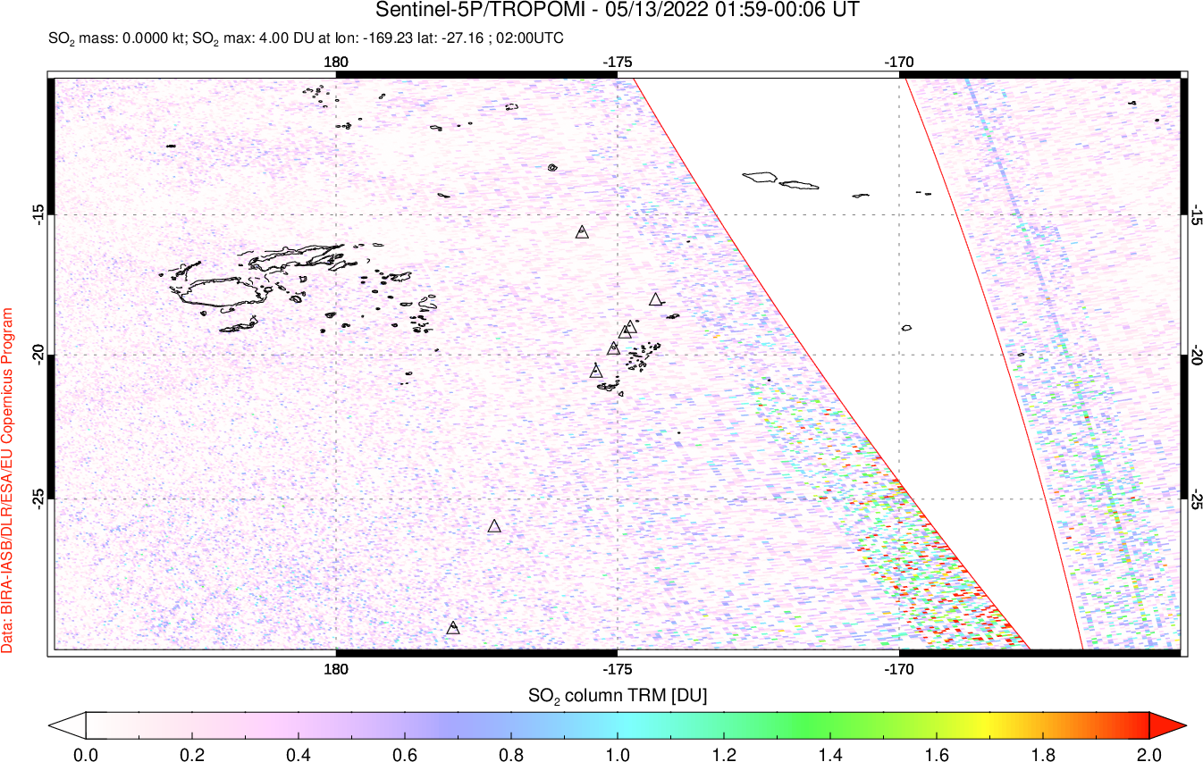 A sulfur dioxide image over Tonga, South Pacific on May 13, 2022.