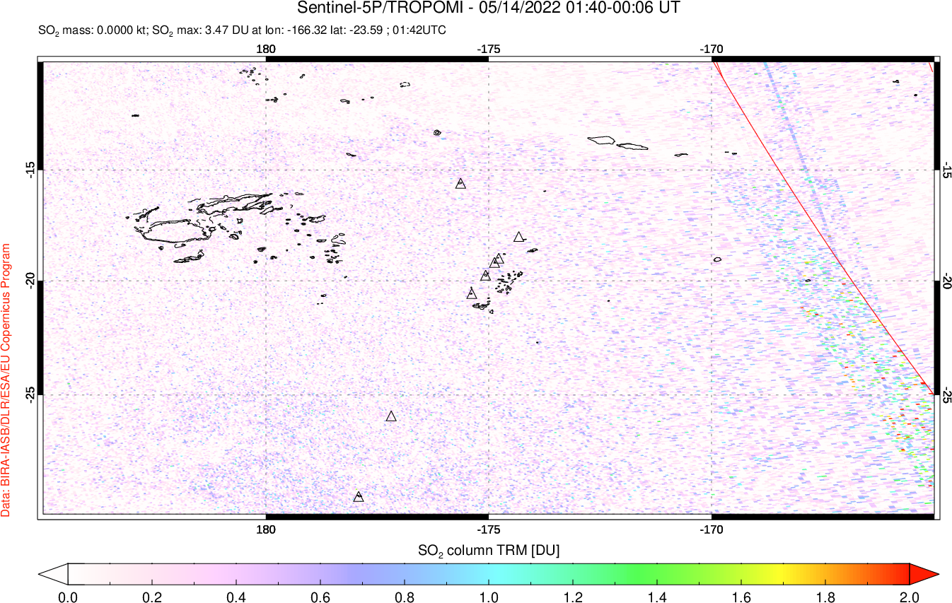 A sulfur dioxide image over Tonga, South Pacific on May 14, 2022.
