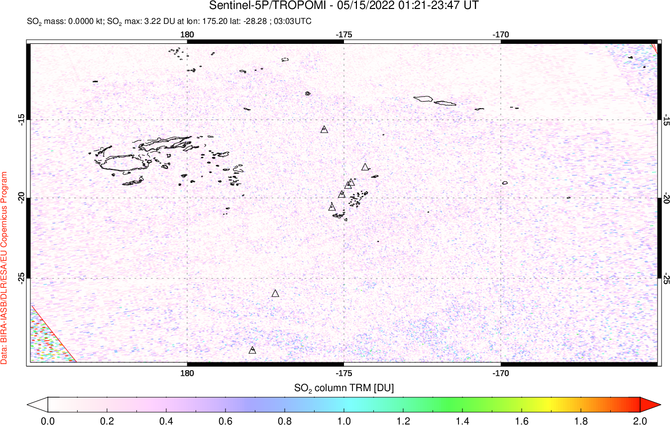 A sulfur dioxide image over Tonga, South Pacific on May 15, 2022.