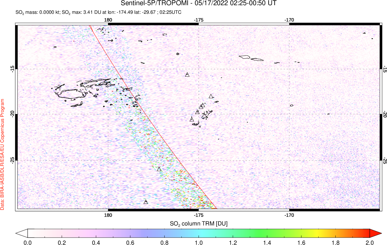 A sulfur dioxide image over Tonga, South Pacific on May 17, 2022.