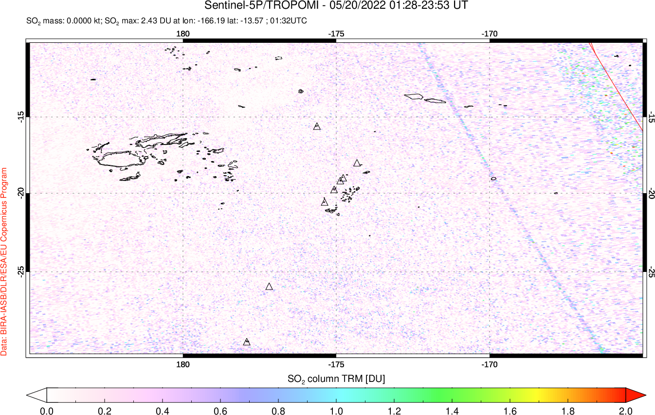 A sulfur dioxide image over Tonga, South Pacific on May 20, 2022.