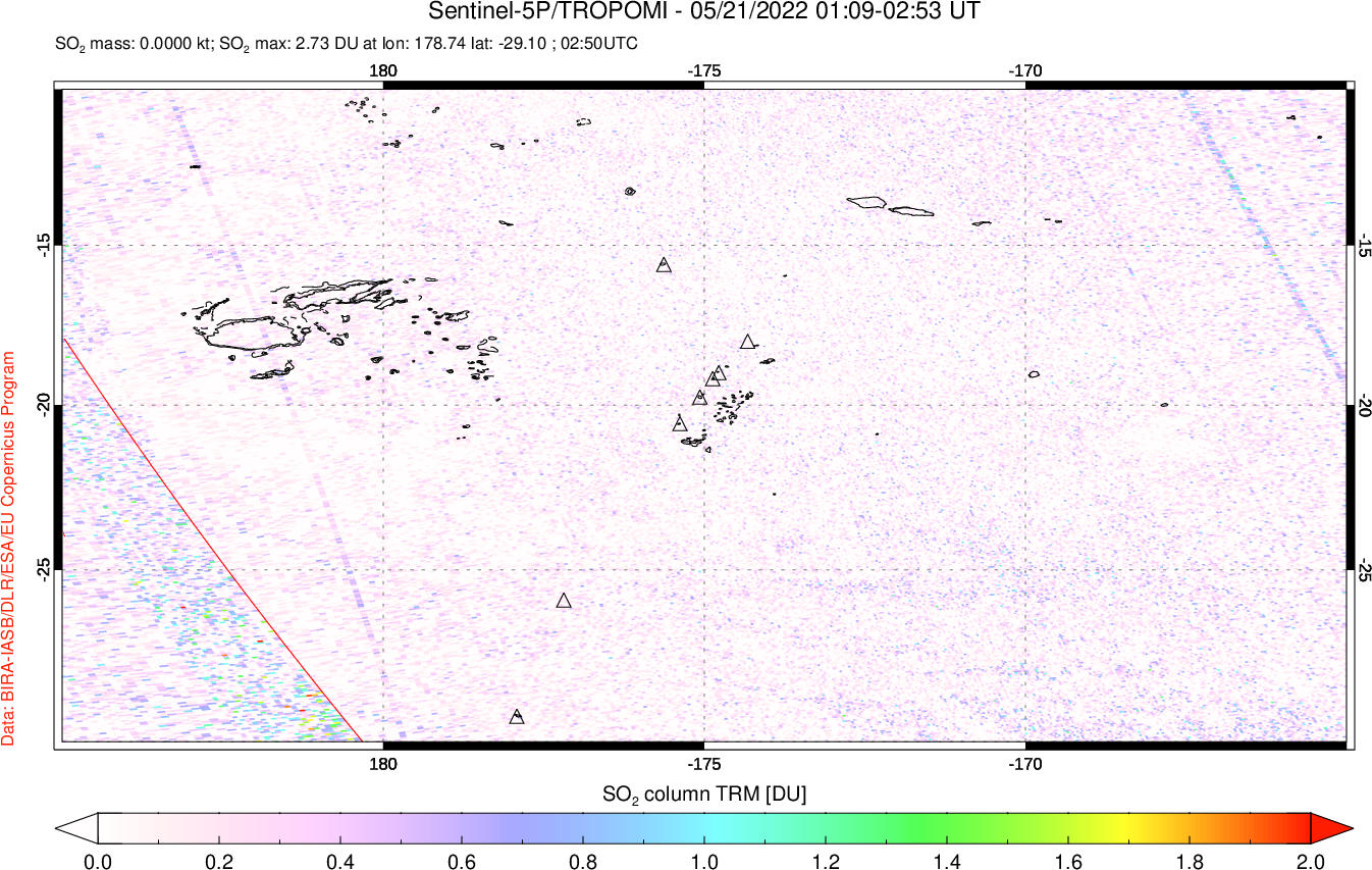 A sulfur dioxide image over Tonga, South Pacific on May 21, 2022.