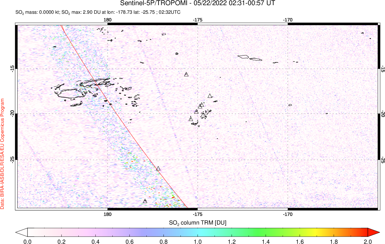 A sulfur dioxide image over Tonga, South Pacific on May 22, 2022.
