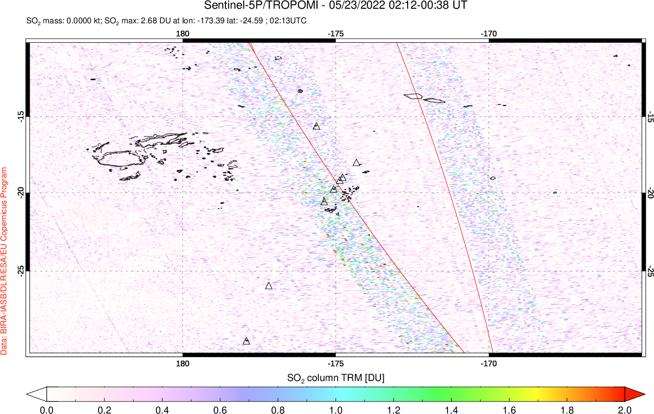 A sulfur dioxide image over Tonga, South Pacific on May 23, 2022.