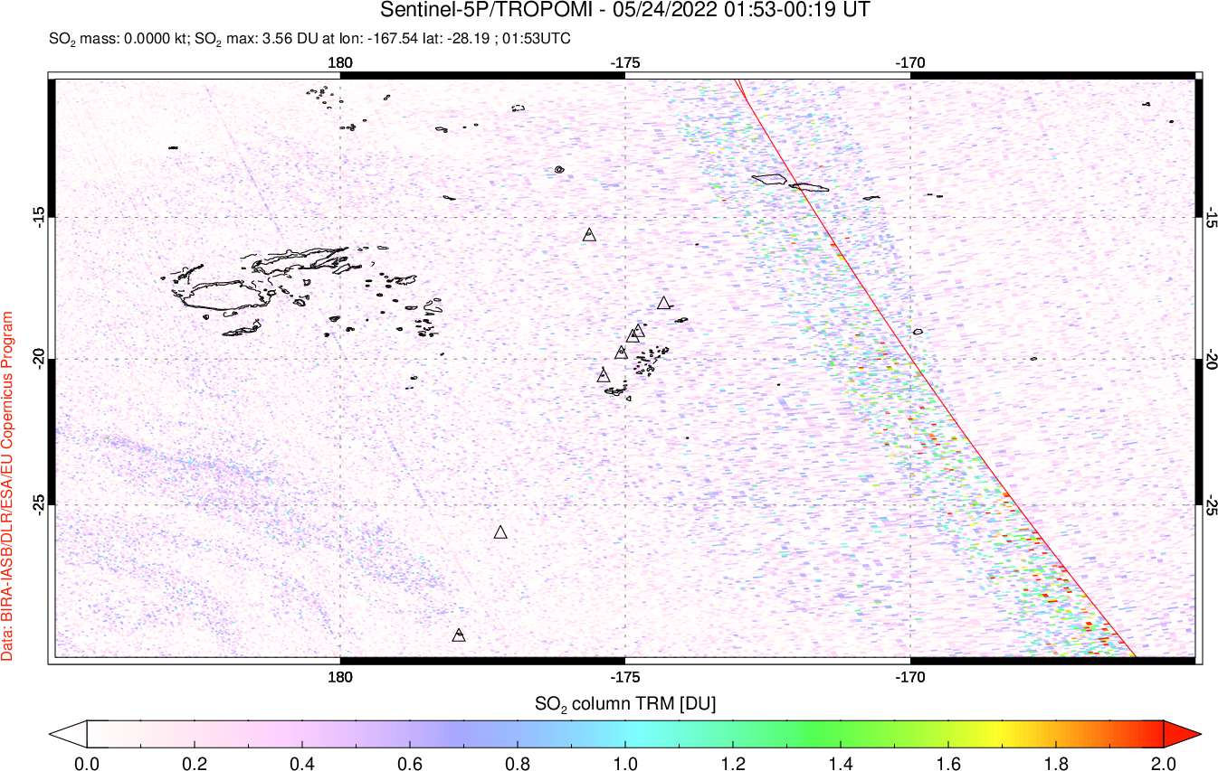 A sulfur dioxide image over Tonga, South Pacific on May 24, 2022.