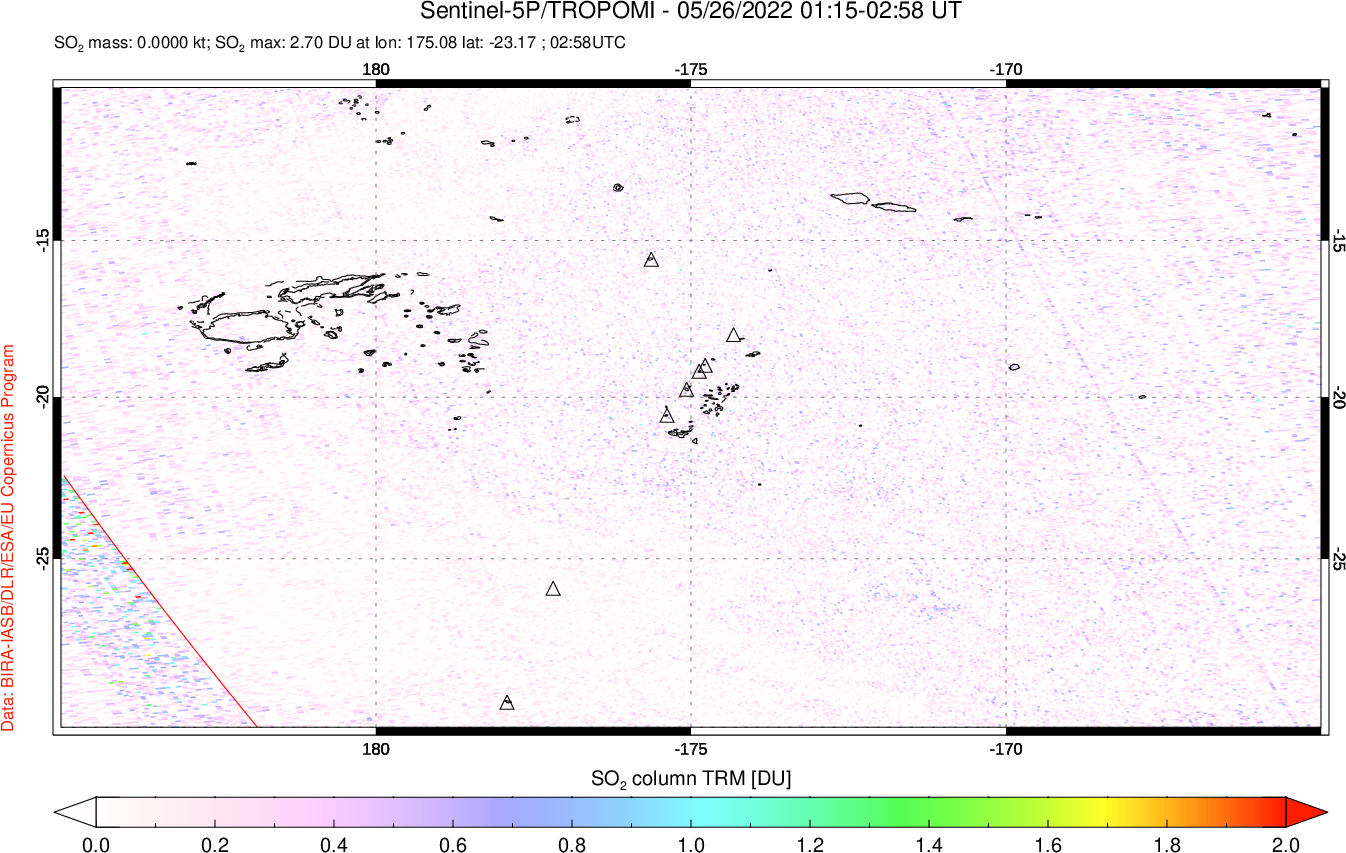 A sulfur dioxide image over Tonga, South Pacific on May 26, 2022.