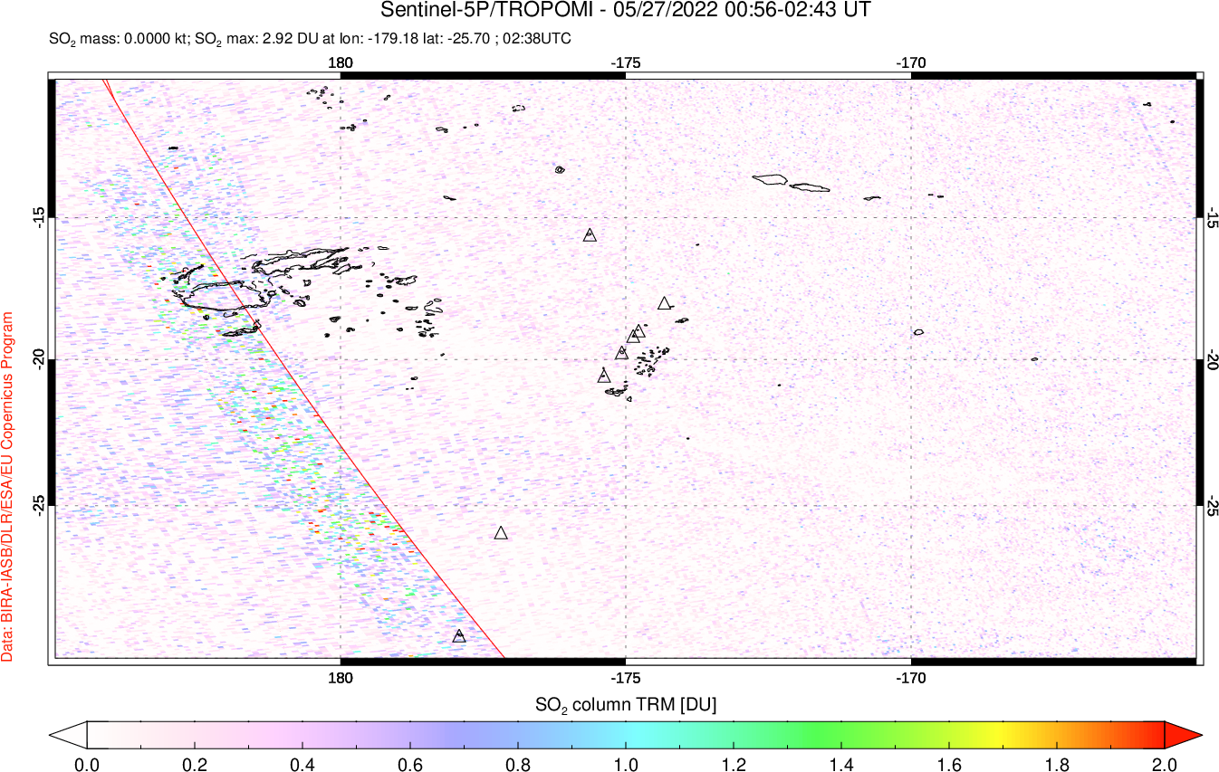 A sulfur dioxide image over Tonga, South Pacific on May 27, 2022.