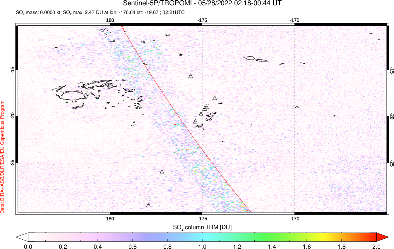 A sulfur dioxide image over Tonga, South Pacific on May 28, 2022.