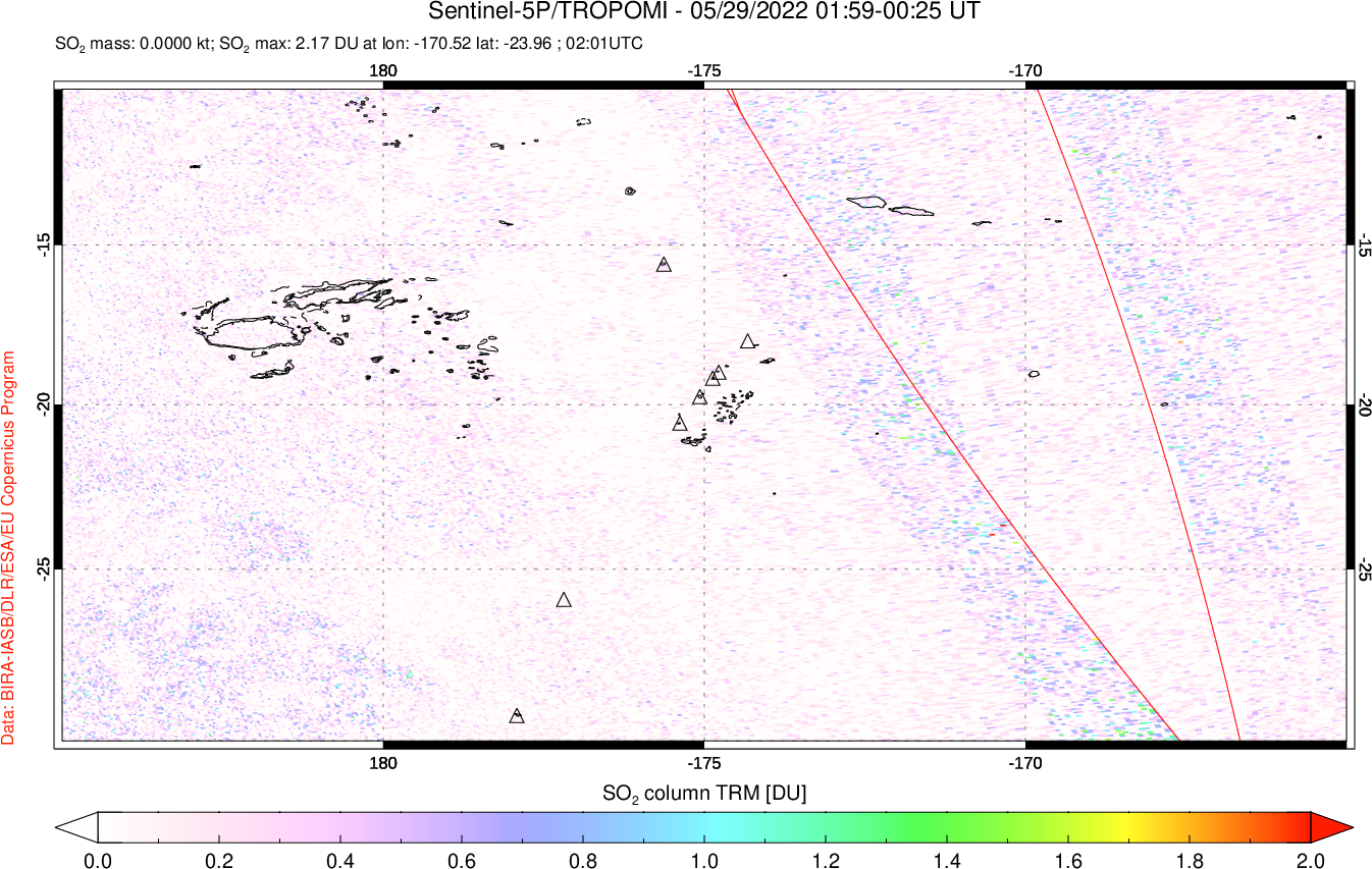 A sulfur dioxide image over Tonga, South Pacific on May 29, 2022.