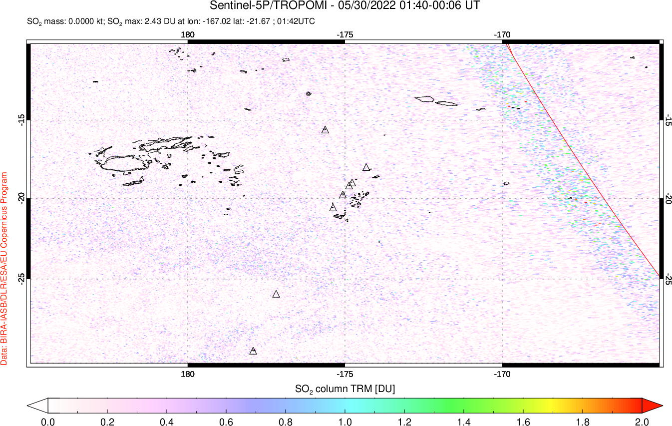 A sulfur dioxide image over Tonga, South Pacific on May 30, 2022.