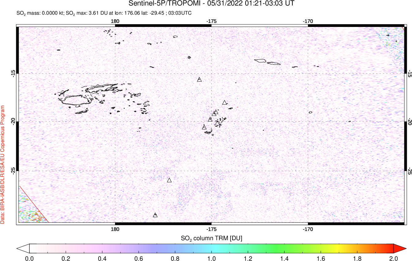 A sulfur dioxide image over Tonga, South Pacific on May 31, 2022.