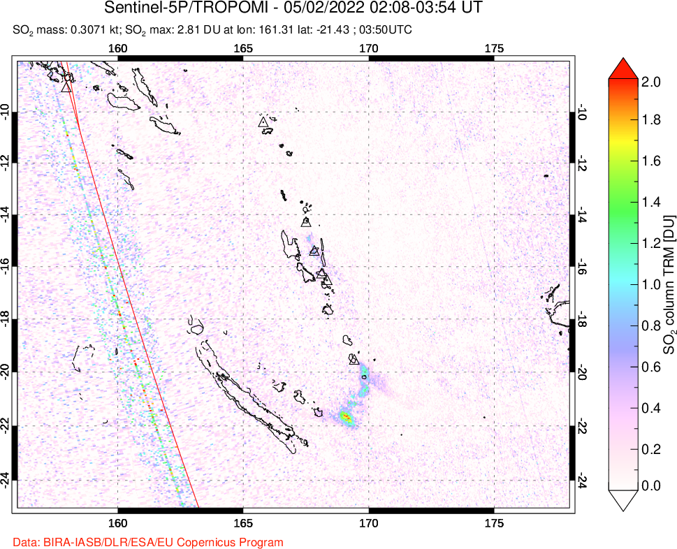 A sulfur dioxide image over Vanuatu, South Pacific on May 02, 2022.