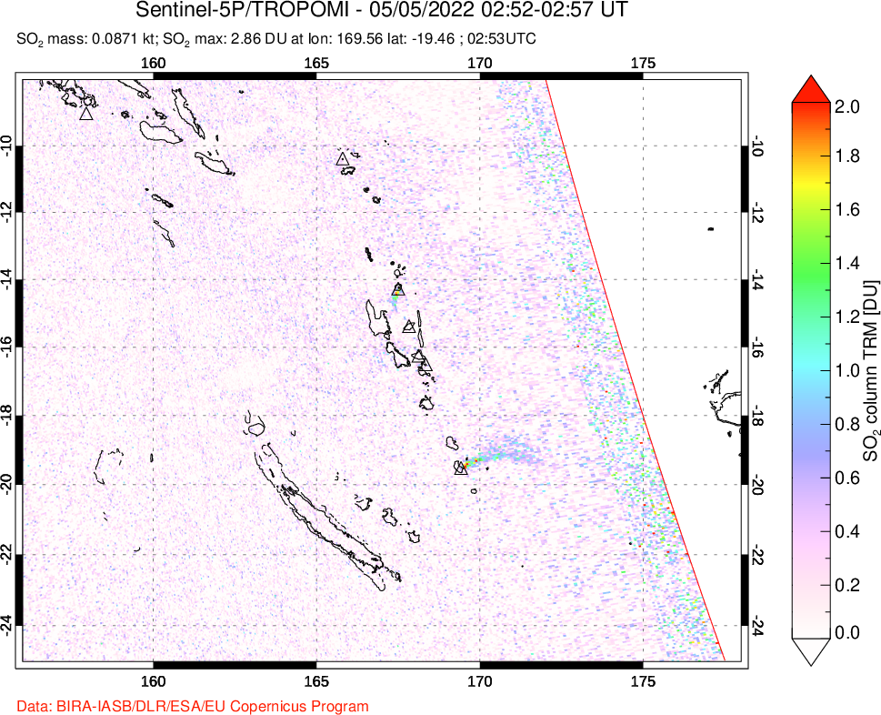 A sulfur dioxide image over Vanuatu, South Pacific on May 05, 2022.