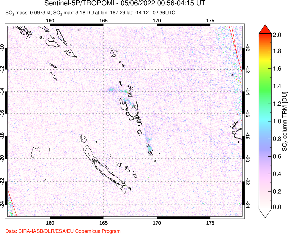 A sulfur dioxide image over Vanuatu, South Pacific on May 06, 2022.