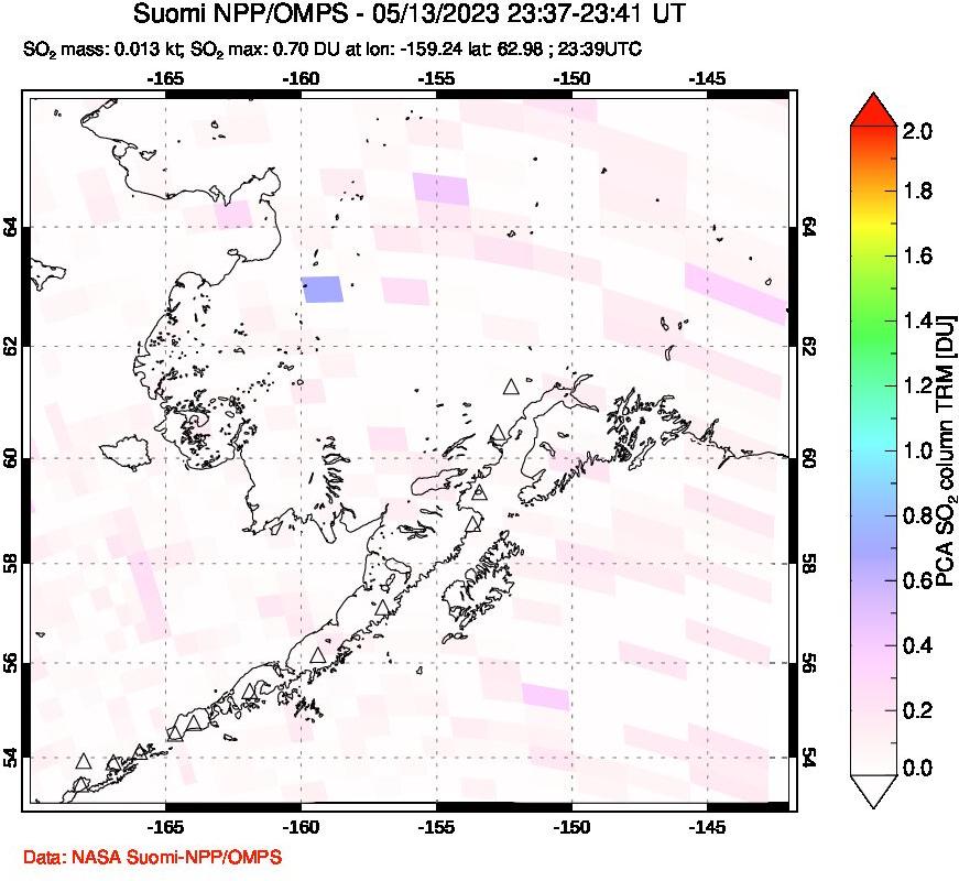 A sulfur dioxide image over Alaska, USA on May 13, 2023.