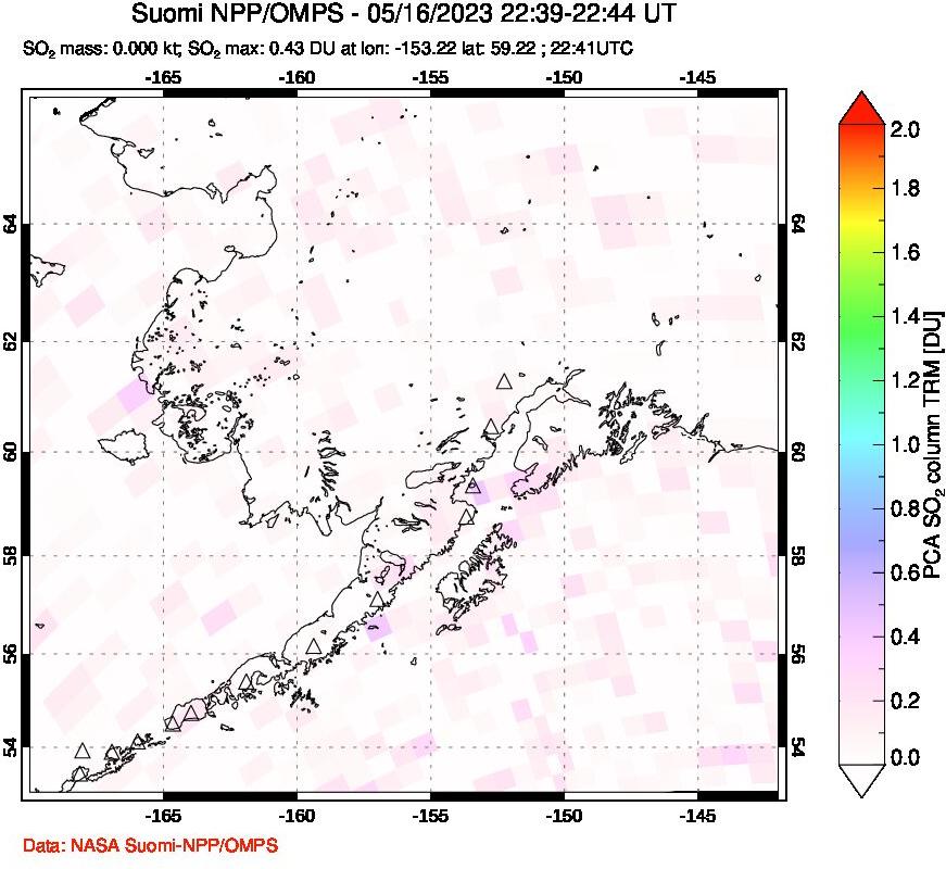 A sulfur dioxide image over Alaska, USA on May 16, 2023.