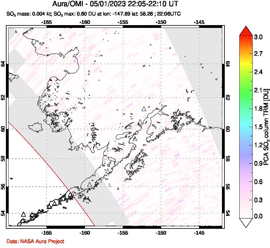 A sulfur dioxide image over Alaska, USA on May 01, 2023.
