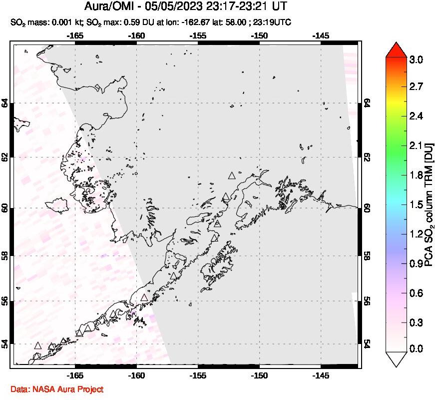 A sulfur dioxide image over Alaska, USA on May 05, 2023.