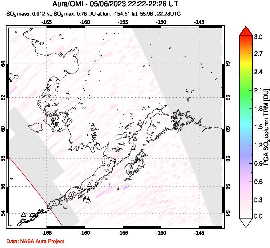 A sulfur dioxide image over Alaska, USA on May 06, 2023.