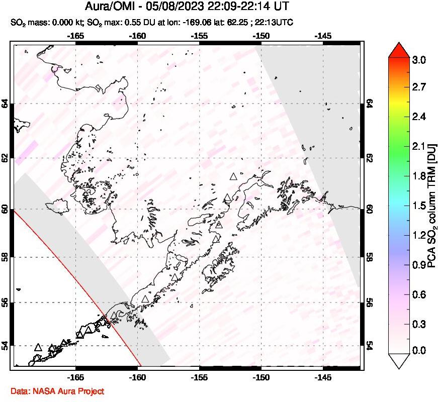 A sulfur dioxide image over Alaska, USA on May 08, 2023.