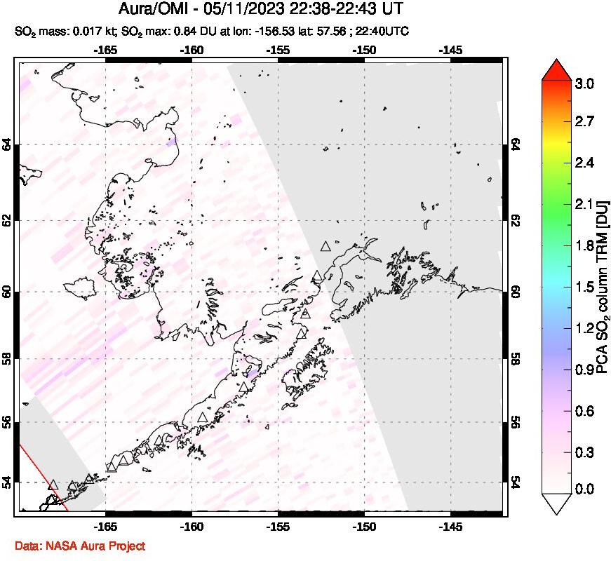 A sulfur dioxide image over Alaska, USA on May 11, 2023.