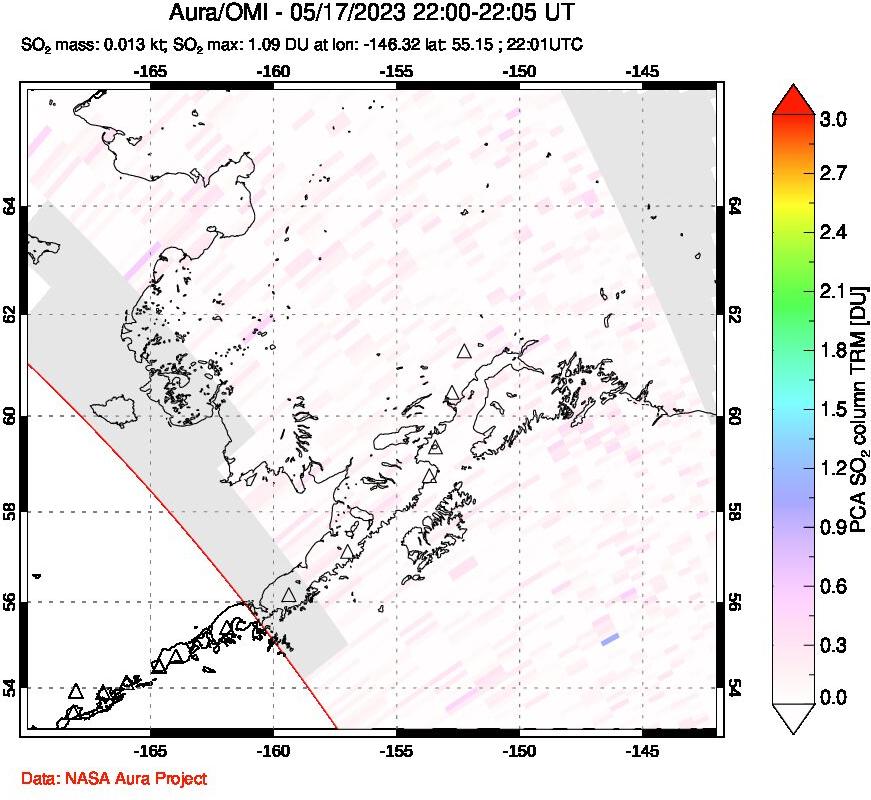 A sulfur dioxide image over Alaska, USA on May 17, 2023.