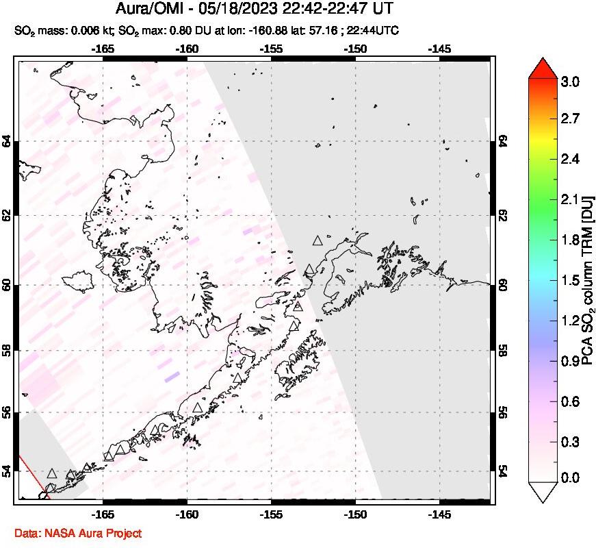 A sulfur dioxide image over Alaska, USA on May 18, 2023.