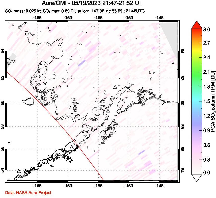 A sulfur dioxide image over Alaska, USA on May 19, 2023.