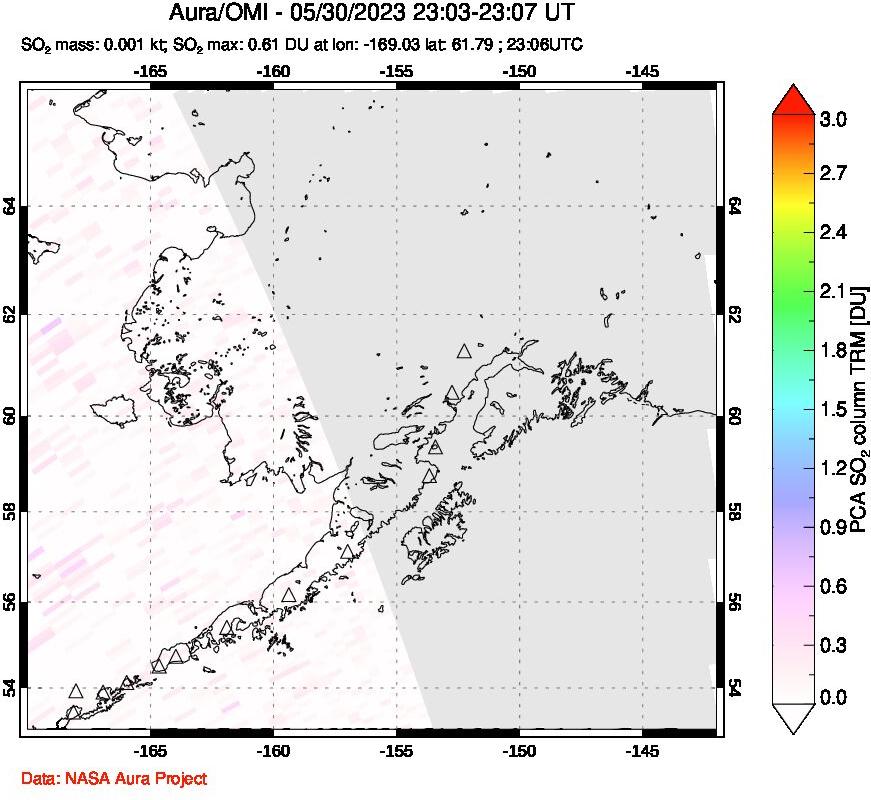 A sulfur dioxide image over Alaska, USA on May 30, 2023.