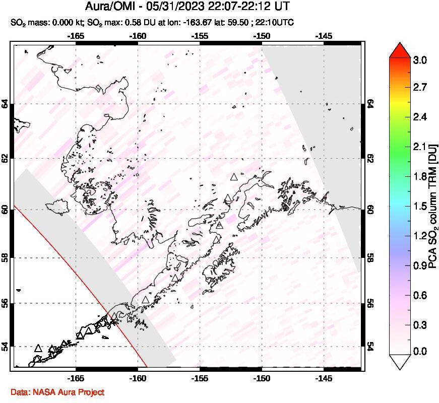 A sulfur dioxide image over Alaska, USA on May 31, 2023.