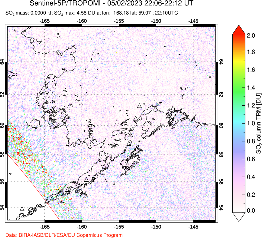 A sulfur dioxide image over Alaska, USA on May 02, 2023.