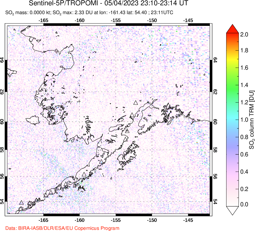 A sulfur dioxide image over Alaska, USA on May 04, 2023.