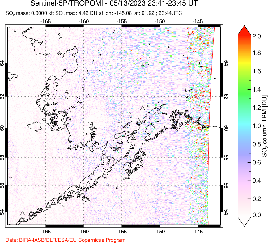A sulfur dioxide image over Alaska, USA on May 13, 2023.