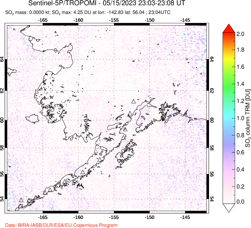 A sulfur dioxide image over Alaska, USA on May 15, 2023.