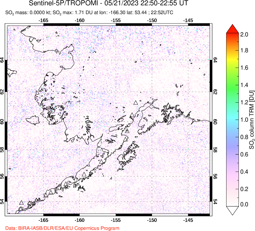 A sulfur dioxide image over Alaska, USA on May 21, 2023.