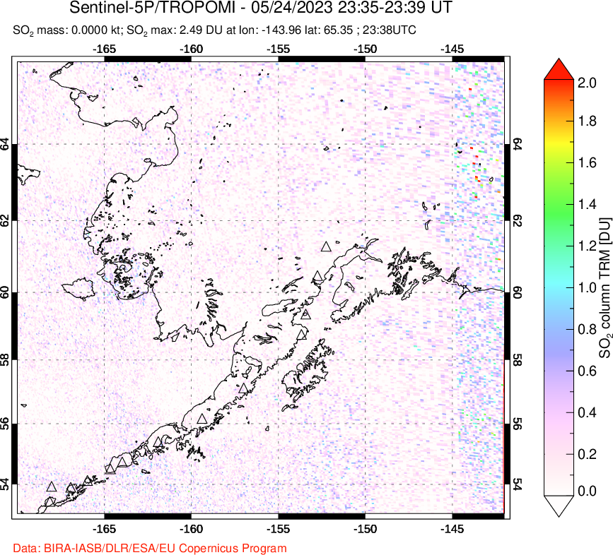 A sulfur dioxide image over Alaska, USA on May 24, 2023.