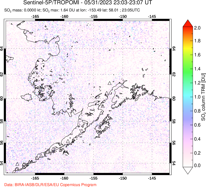 A sulfur dioxide image over Alaska, USA on May 31, 2023.