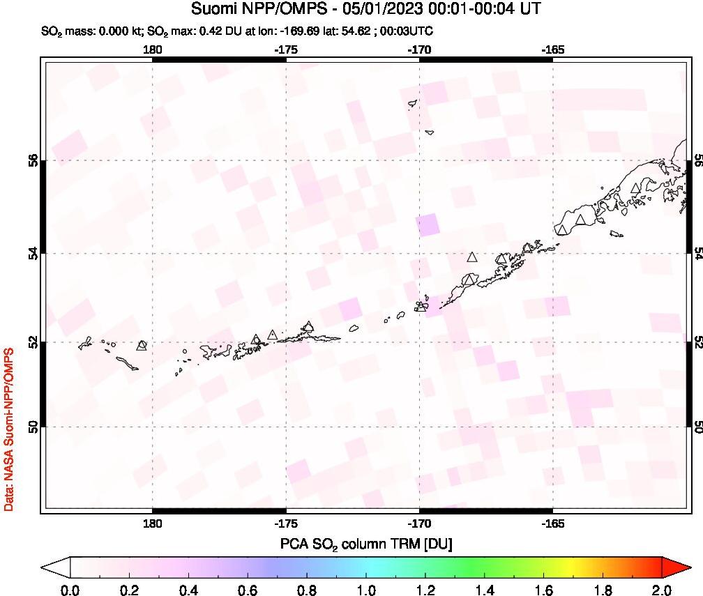 A sulfur dioxide image over Aleutian Islands, Alaska, USA on May 01, 2023.