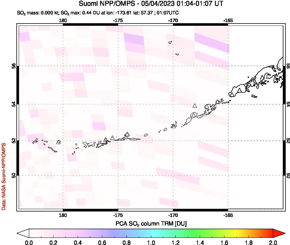 A sulfur dioxide image over Aleutian Islands, Alaska, USA on May 04, 2023.