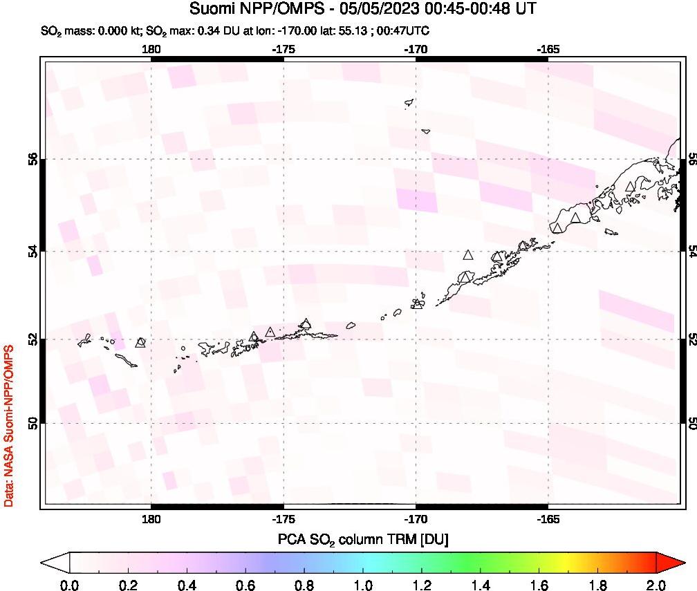 A sulfur dioxide image over Aleutian Islands, Alaska, USA on May 05, 2023.