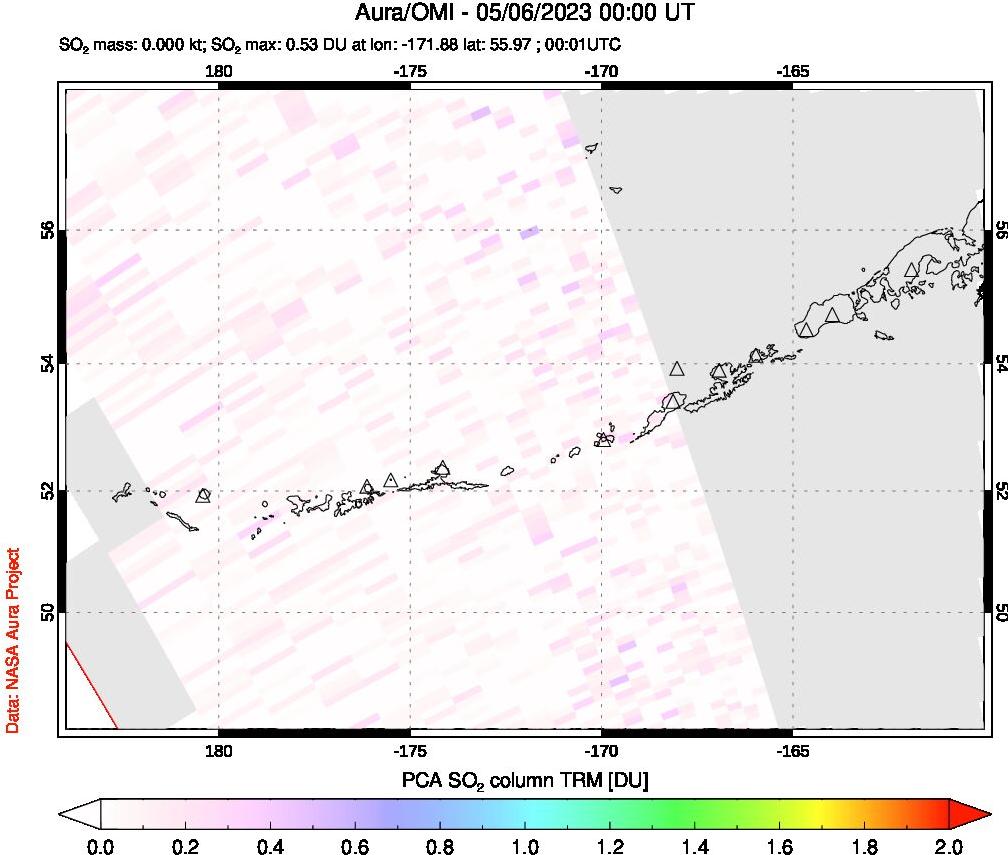 A sulfur dioxide image over Aleutian Islands, Alaska, USA on May 06, 2023.