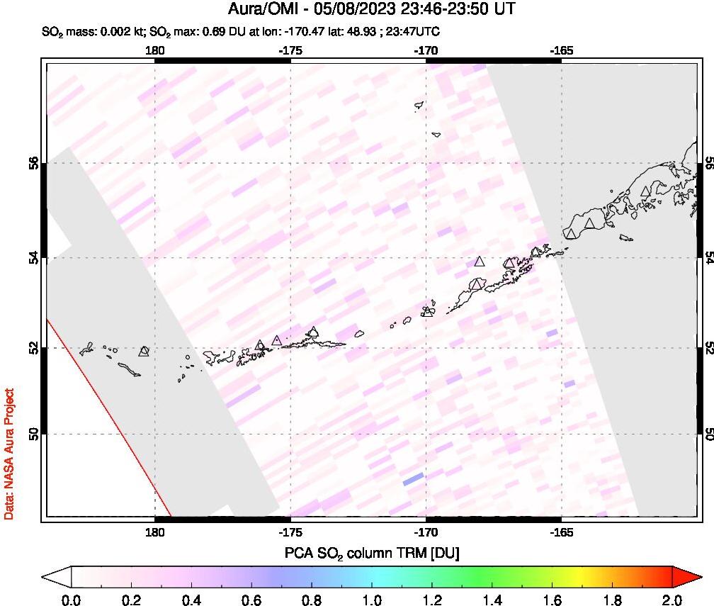 A sulfur dioxide image over Aleutian Islands, Alaska, USA on May 08, 2023.