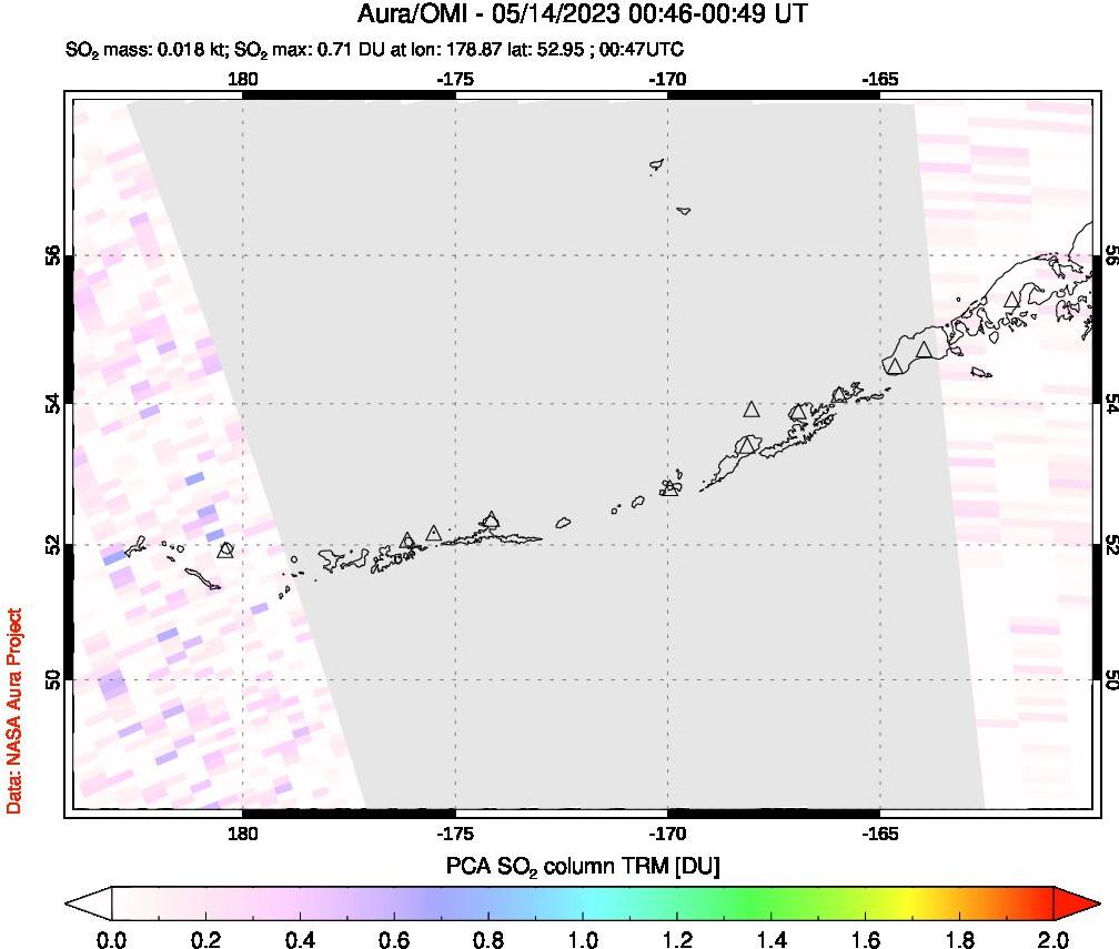 A sulfur dioxide image over Aleutian Islands, Alaska, USA on May 14, 2023.